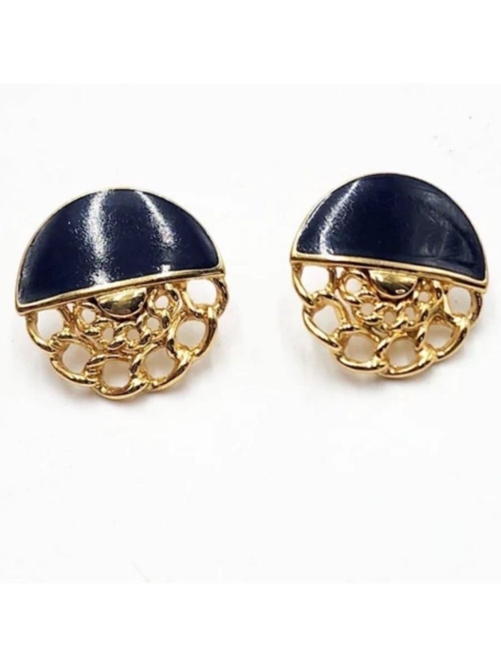 Monet Vintage Gold Tone Navy Blue Enamel Surrounded Chain Stud Earrings